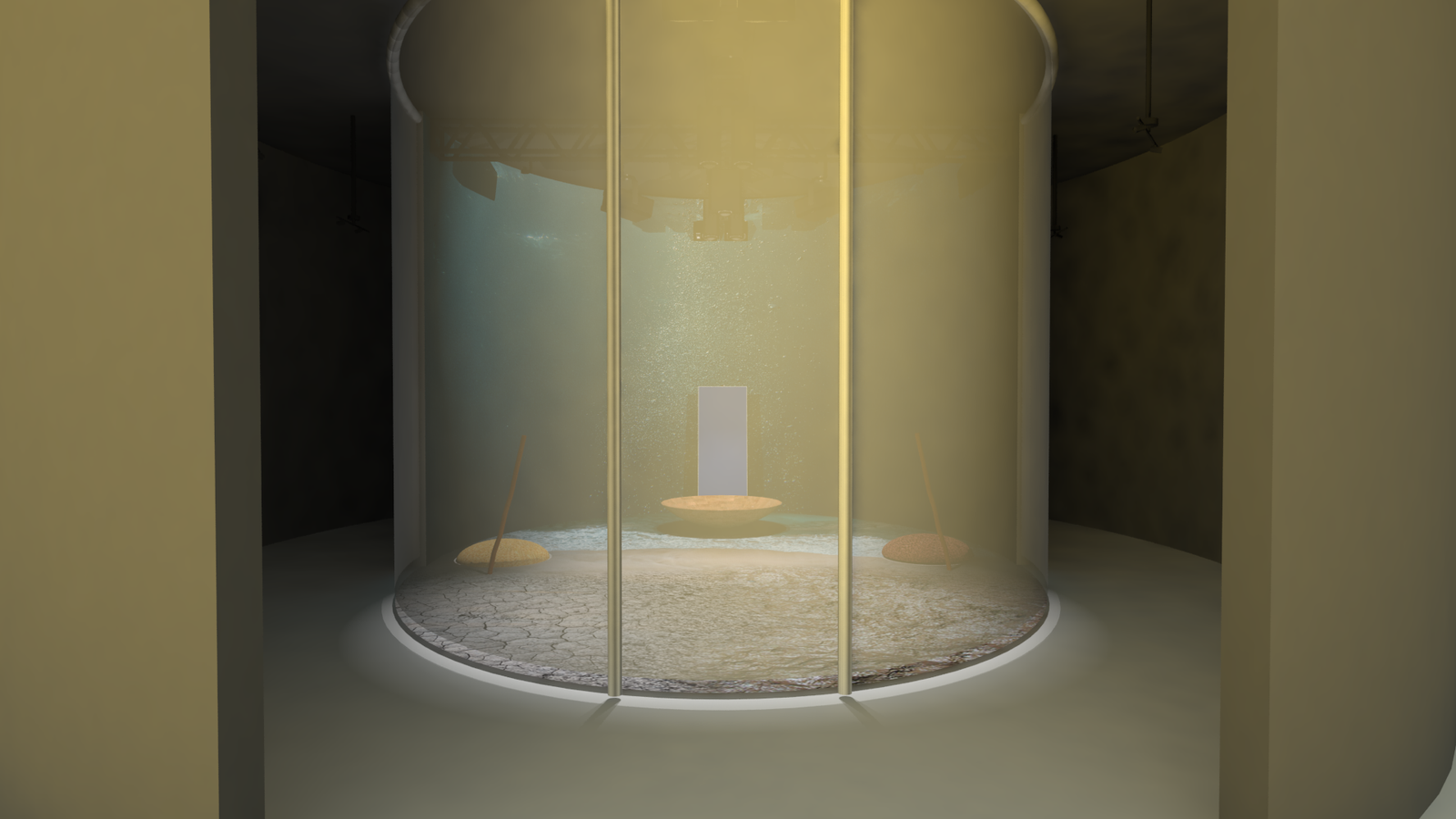 vista frontale ad altezza uomo in entrata nella struttura oracolare con tende che coprono la zona interattiva